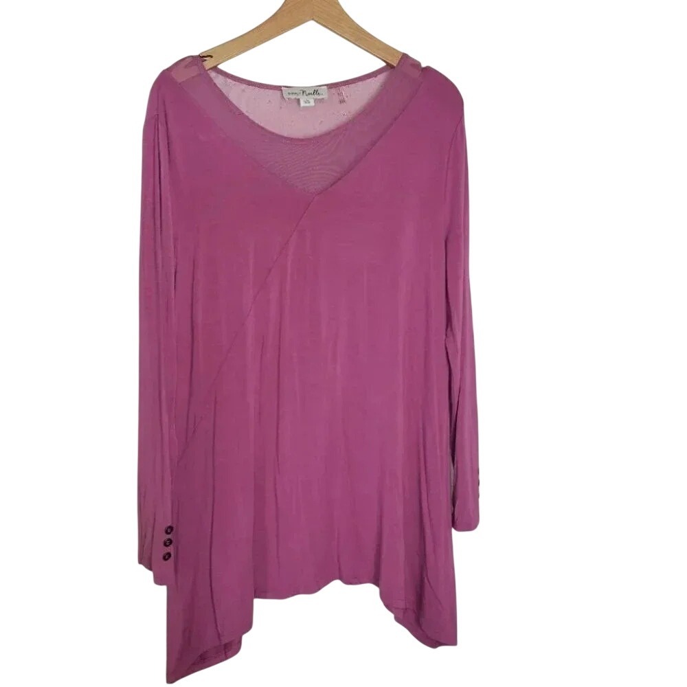Simply Noelle Tunic L/XL Mauve Pink Mesh V-Neck Sharkbite Hem Long Sleeve Top